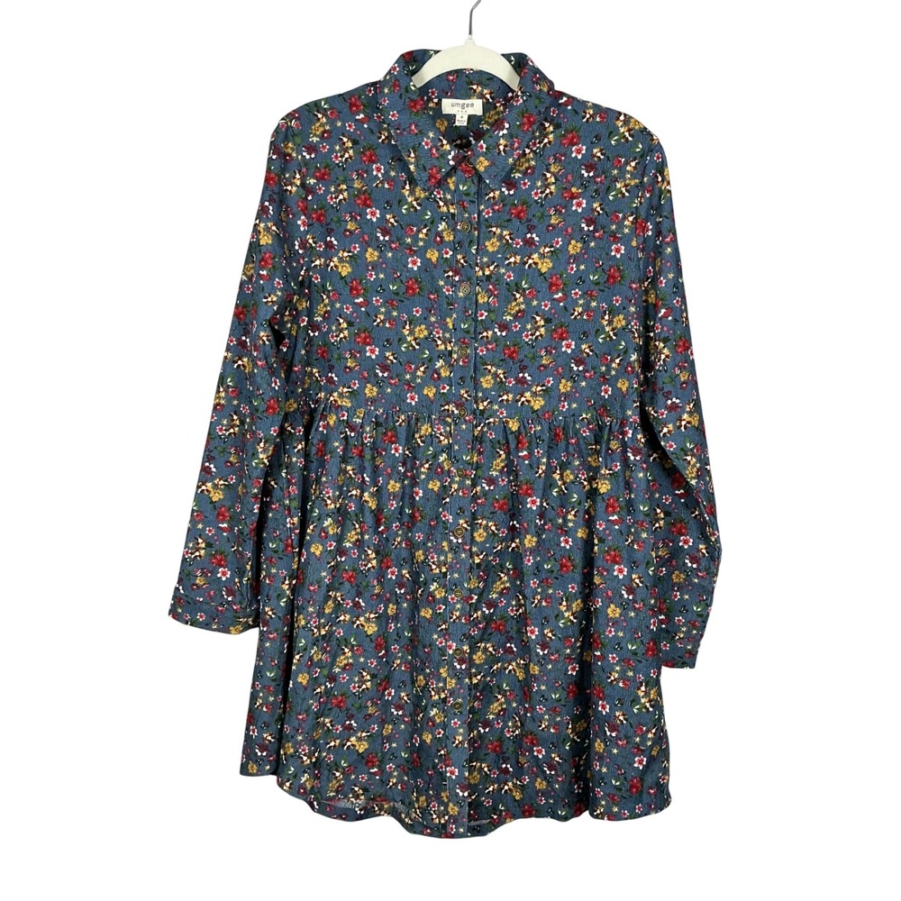 Umgee Blue Floral Corduroy Babydoll Tunic Dress Long Sleeve Medium